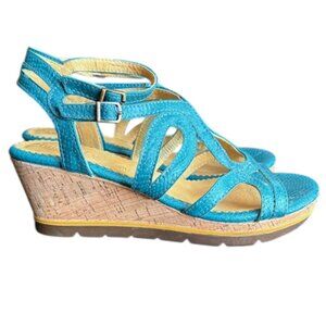 Bussola Marseille Cage Wedge "Snake" Leather Sandals - Turquoise - 39/8.5